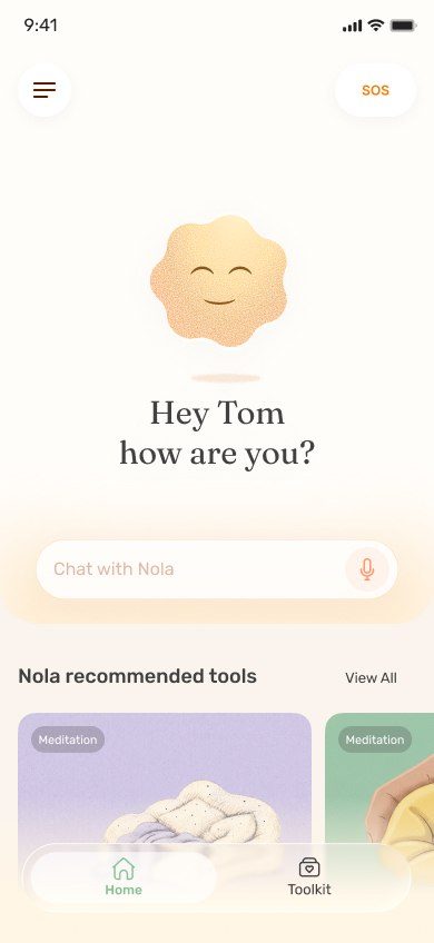 Nola home screen asking: Hey Tom, how are you?